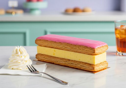 Dutch tompouce pastry with pink icing and vanilla custard on marble table with whipped cream