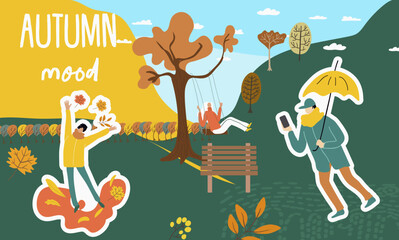 Obraz premium Collage Autumn mood, fall season. Horizontal banner, hand drawn vector illustration.