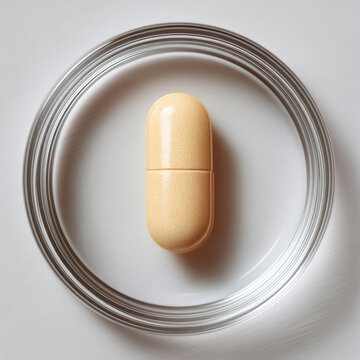 Single beige pill centered on white plate, minimalistic style, high detail, health concept, soft lighting, clean background