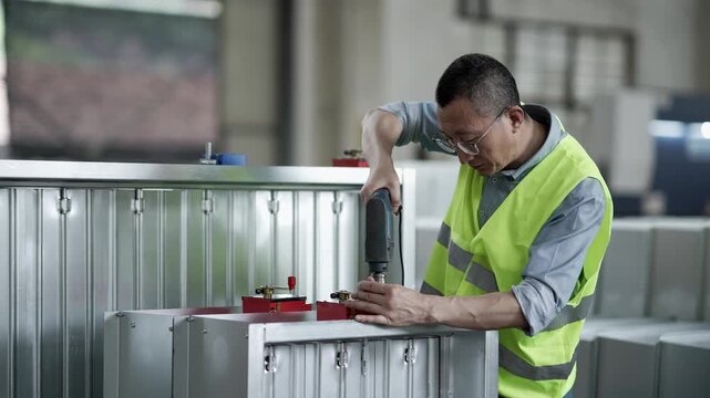 A worker wearing a reflective vest uses an electric screwdriver to assemble a metal enclosure in a factory workshop