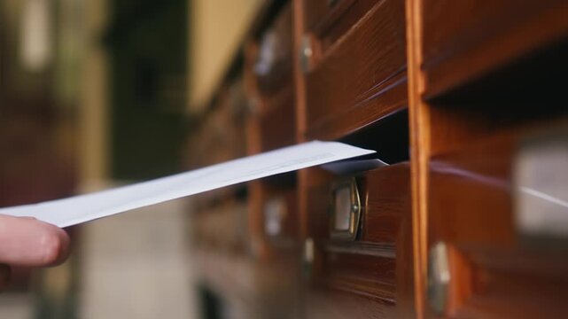 A close-up of a postman dropping a letter into a wooden mailbox. The scene reflects the work of the postal service, communications, and traditional mail delivery.