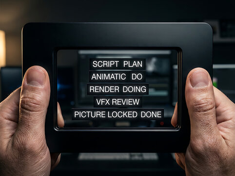 Person holding a digital display showing film post-production stages script plan, animatic, render, and picture lock