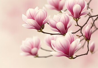 Obraz premium A close up view of beautiful pink magnolia flowers blooming on a branch against a light background