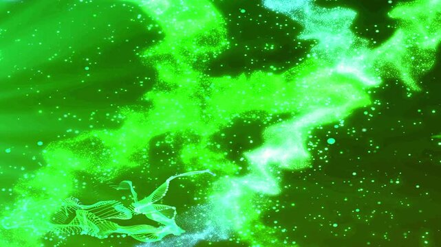 Vibrant green glowing plasma moving rapidly with sparks and particles on a dark background, creating a mesmerizing abstract visual effect.