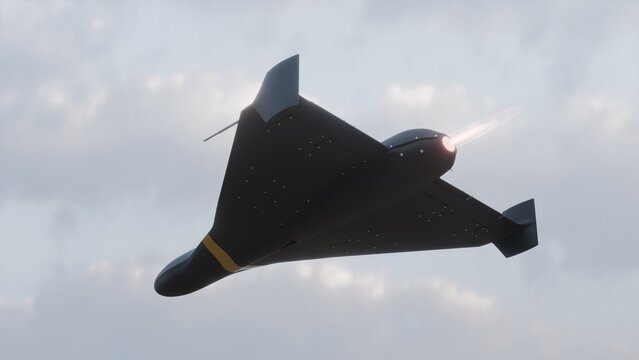 A 3D image of a stylized drone with a jet engine flies over a dry landscape. 