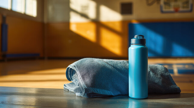 Blue water bottle and towel rest on gym bench with sunlight streaming in, perfect for back to school sports and fitness activities