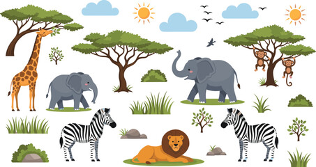 African safari animals collection with elephant giraffe zebra lion monkey savanna trees cartoon wildlife illustration set © Md