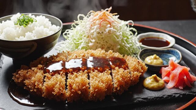 Japanese tonkatsu meal consisting of a sliced deep-fried breaded pork cutlet, shredded cabbage salad, a bowl of steaming white rice with green onions, mustard, and ginger on a black slate board.