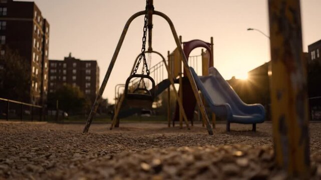 Empty playground scene at sunset with swings, slide, and residential buildings in the background.