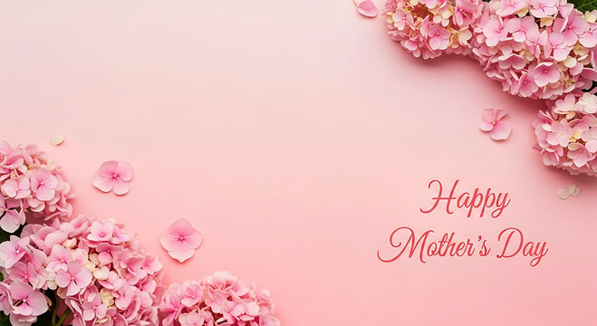 Mothers Day background with pink hydrangea flower frame and copy space