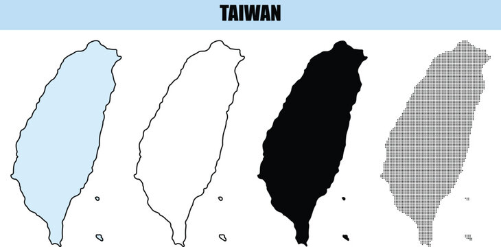 Four outline variations of Taiwan island map in different styles for graphic design