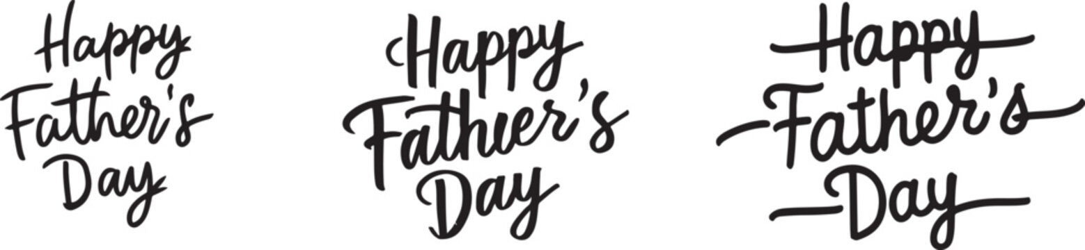Artistic handwritten calligraphy text proclaiming Happy Fathers Day in a variety of elegant cursive styles for holiday greetings and celebrations