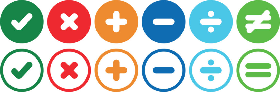 Colorful circular symbols representing basic arithmetic operations and equality