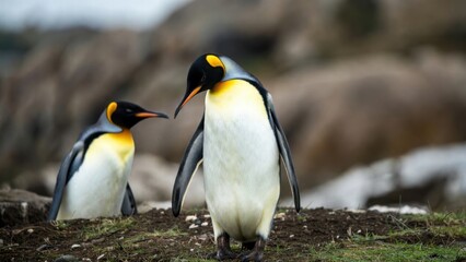 Fototapeta premium King penguin walking near nest on rocky coastal ground