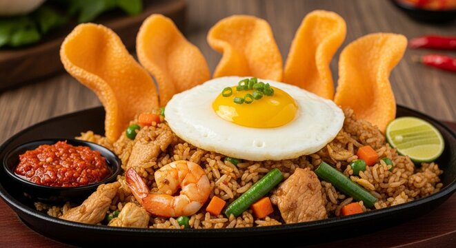Photorealistic Authentic Indonesian Spicy Nasi Goreng with Fried Egg and Vibrant Shrimp Crackers