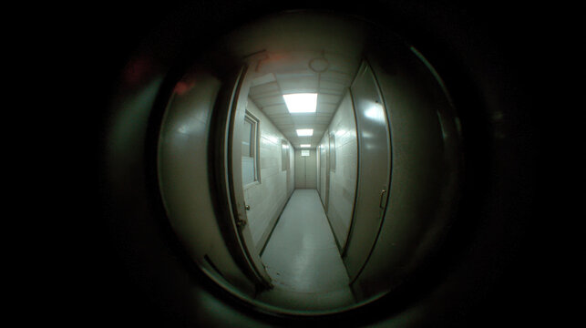 Looking through door peephole at empty dark hallway, spooky apartment corridor view, security and privacy concept, mysterious indoor perspective