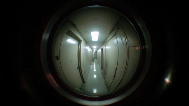 Looking through door peephole at empty dark hallway, spooky apartment corridor view, security and privacy concept, mysterious indoor perspective