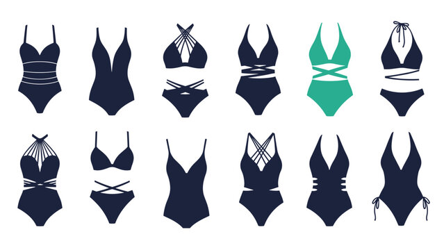 Collection of twelve stylish silhouettes of women-s swimwear including one-piece suits and bikinis in dark blue and teal colors.