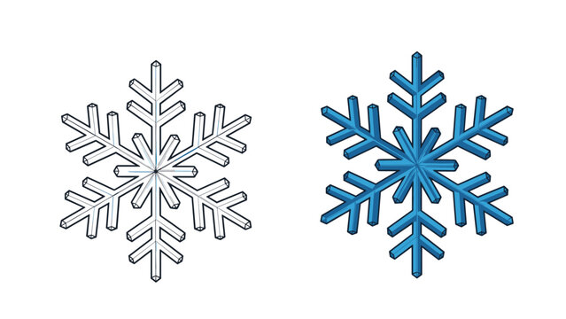 Two styles of a geometric snowflake including a simple black outline and a 3d shaded blue version for winter design.