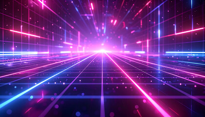 Obraz premium Futuristic glowing neon grid tunnel with vibrant pink and blue lights creating a sense of depth and motion towards a bright vanishing point