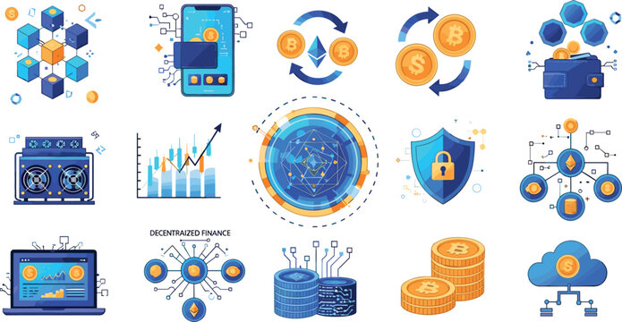 Cryptocurrency and blockchain technology vector illustration set with bitcoin wallet mining security decentralized finance and digital asset network concepts