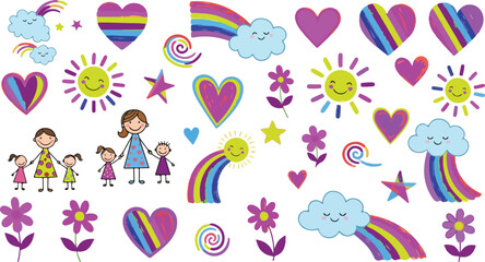 Fototapeta premium Childish drawing collection with colorful rainbows and smiling suns plus stick figure family and hearts for child art.