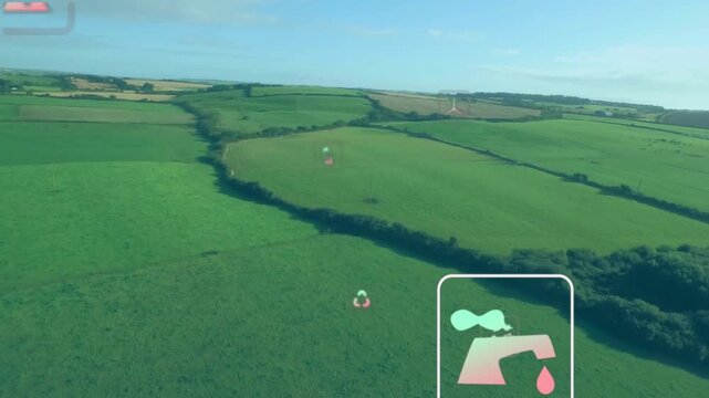 Hand icon appearing, overlay icons floating inward over green fields, visualizing CO, water, wind