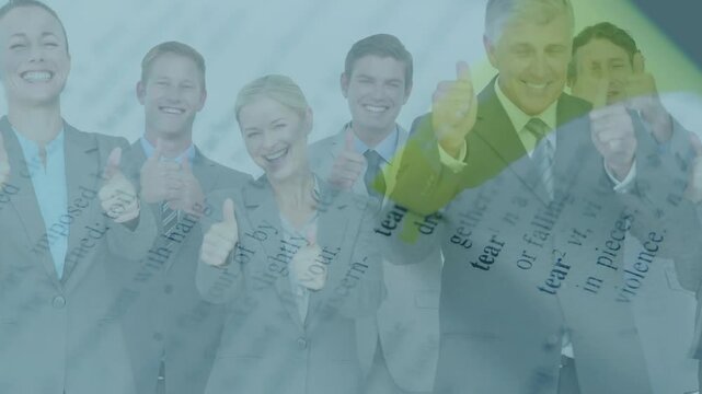 Biz team giving thumbsup topright hand sweeping marker over overlay hiding right person for promo