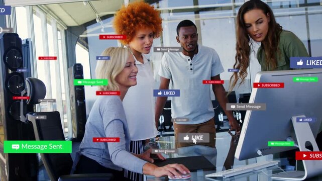 Seated woman clicking mouse starting alerts filling screen while team leaning in, tracking metrics