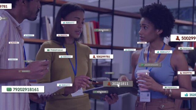 Team reviewing project docs in office, data IDs appearing near badges, clustering then fading