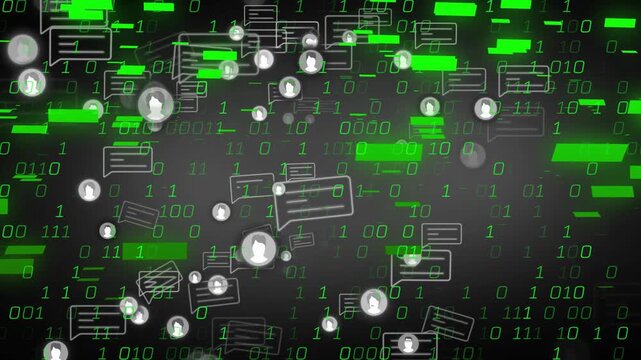 Incoming messages driving avatars swelling with chats, green binary blocks showing technology surge