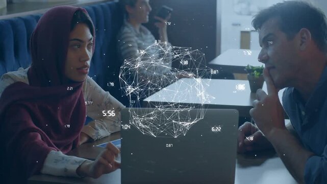 Woman, man working digits starting 3D data sphere over laptop, reacting to gestures, analyzing tech