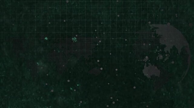 Particle field thinning, dot-matrix globe emerging right, grid revealing data for tech display