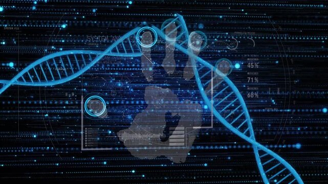 Bio-genomic UI initiating handprint fading DNA helices sliding HUD rings scanning for analysis