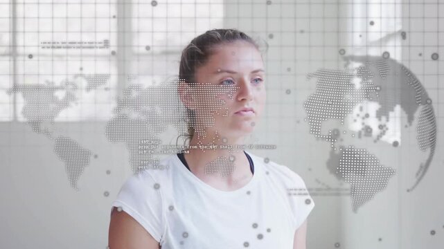 Teen athlete raising water bottle and hydrating for fitness, dotted map overlay masking face