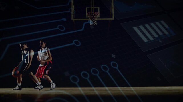 Ballhandler dribbling ball near hoop starting drive defender guarding seeking lane circuitry moving