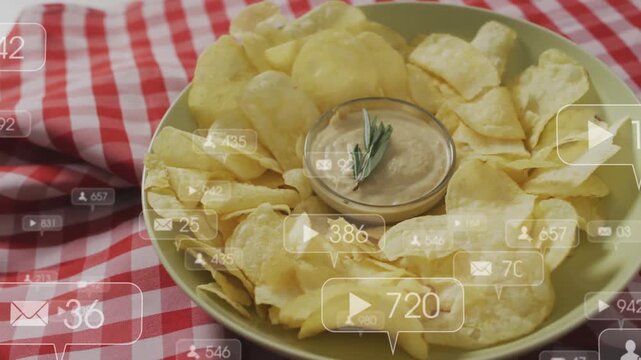Green bowl of chips with dip getting floating badges from left boosting social engagement