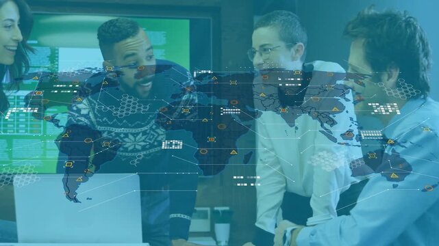 Team leaning over laptop in tech meeting, planning launch and causing expanding world-map overlay