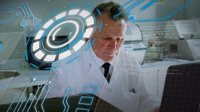 HUD overlay appearing, Senior lab tech leaning, reading code overlays, typing for diagnostics