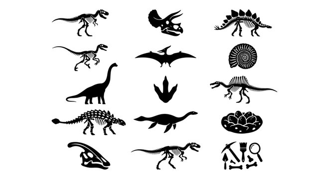 Dinosaur skeleton silhouette icons, prehistoric fossil bone collection, set of 15 paleontology vector elements for museum education and science