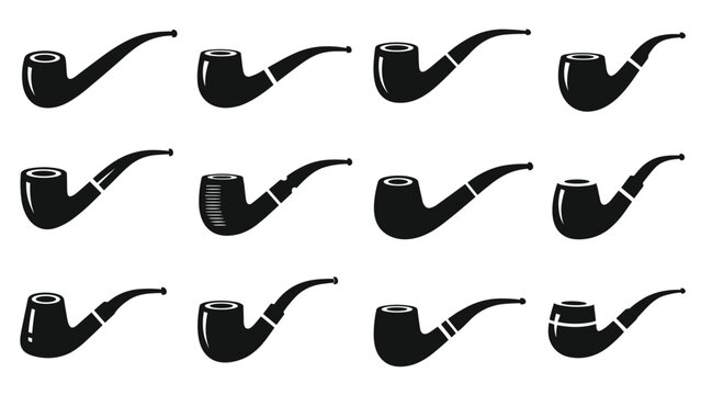 Grid of twelve black silhouette smoking pipe icons showing various classic bowl shapes and curved stem designs for tobacco.