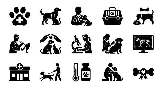 Veterinary care icon set, 15 black solid pet clinic symbols, professional animal hospital and veterinary medicine vector graphics for web design