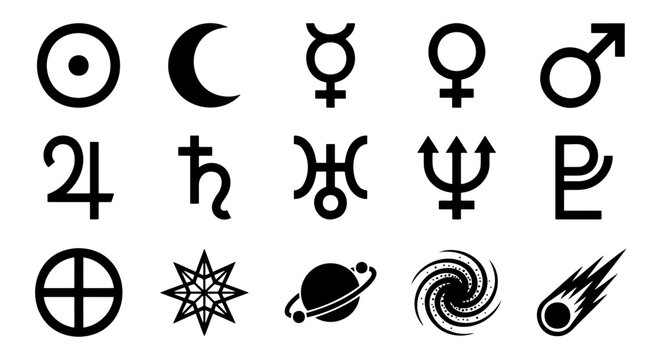 Astrology planet symbols set, 15 black celestial icons for zodiac and astronomy, mystical planetary signs, occult alchemy vector elements