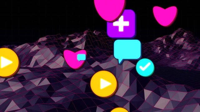 Floating icon cluster drifting over low-poly mountain, showing hearts, bubbles, checks, plus, play