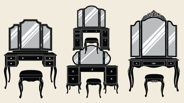 Black silhouette icons of three different ornate vanity tables with mirrors and matching stools in a classical furniture style.