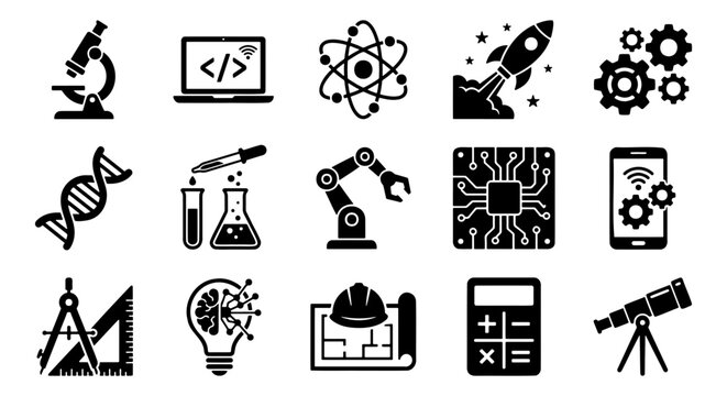 Modern STEM icons set, 15 science and technology vector symbols, black flat engineering and laboratory research signs for education and industry