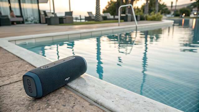 A black portable speaker sits on the edge of a swimming pool outdoors
