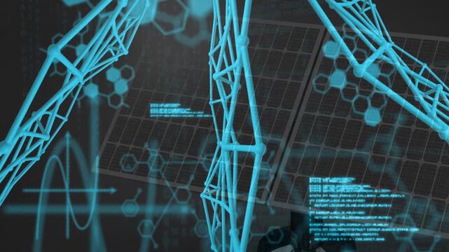Simulation booting, cyan trusses rotating inward, revealing code, waveform and grid for tech audit