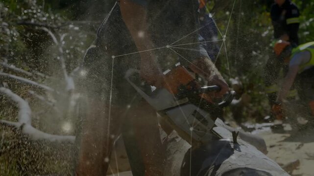Chainsaw biting log, operator cutting for forestry work, overlay tracking operator, crew clearing
