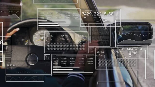 HUD engaging, driver steering and adjusting mirror, windows stacking over speed for data display